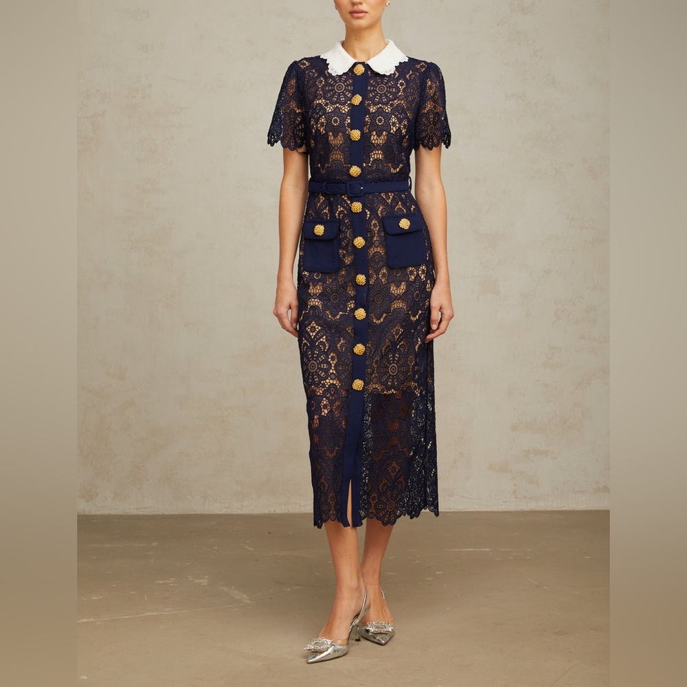 Self-Portrait navy floral guipure-lace midi dress - Picture 5 of 13
